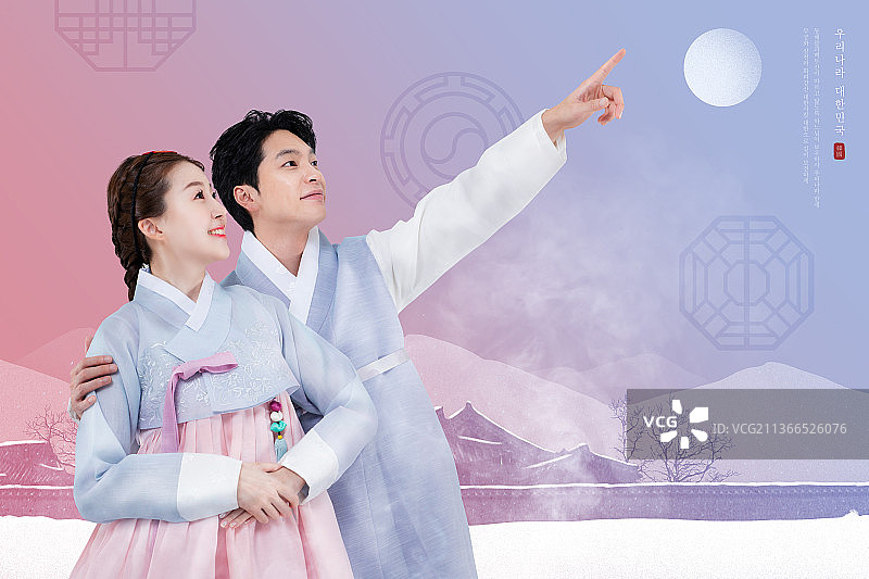 色彩鲜艳的韩国新年祝福海报，韩服情侣图片素材