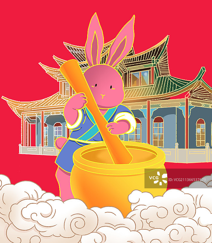 中国风新中式古风古典国潮兔年兔子广寒宫捣药趣味卡通祥云插画图片素材
