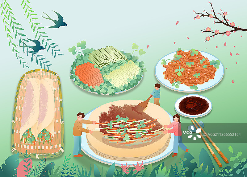 春天一家人户外做春饼插画海报图片素材