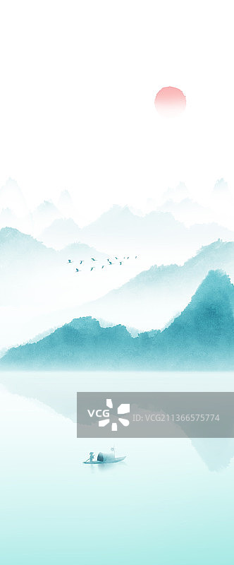 新中式风格山水风景插画图片素材