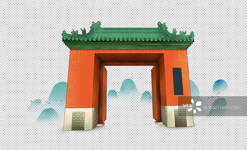 古建筑和远山元素图片素材