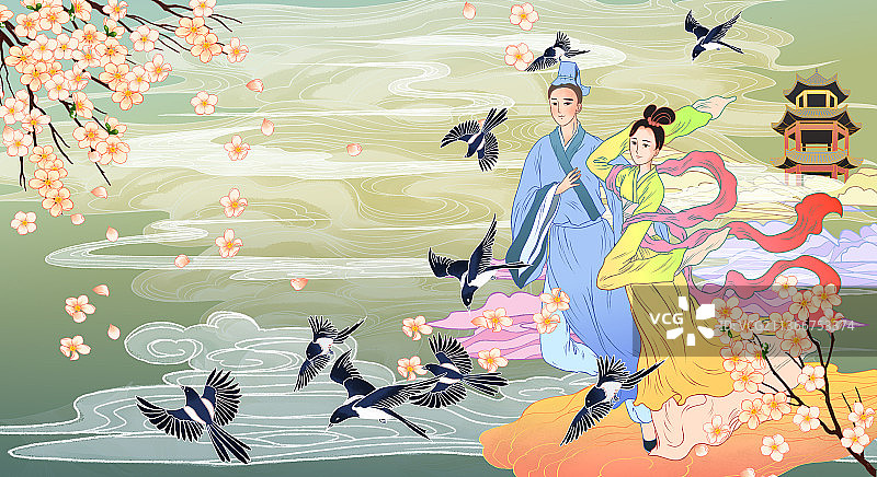 国潮新中式复古中国情人节七夕牛郎织女传统节日楼阁喜鹊鸟儿横版图片素材