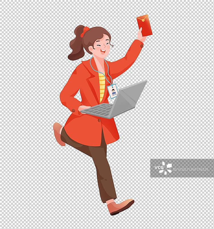 女生一手拿电脑一手拿红包开门红图片素材