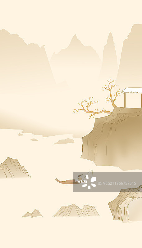 中国风新中式古风古典传统文化中国画山水画独钓意境风景插画图片素材