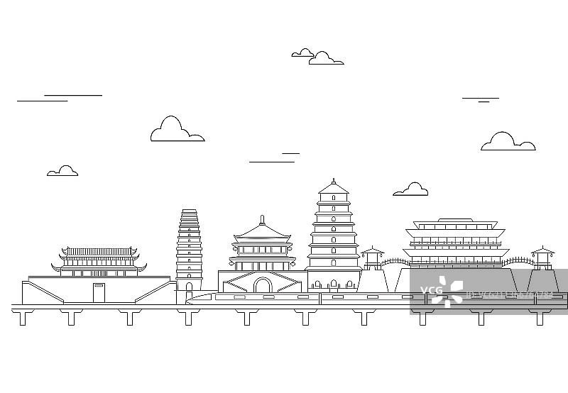 陕西省西安市黑白线条矢量图图片素材