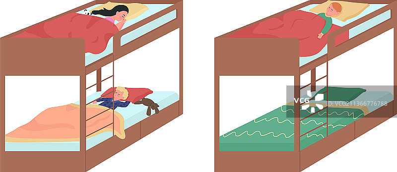 在双层床上睡觉的儿童扁平风图片素材