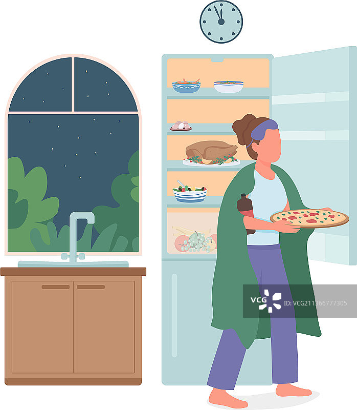 夜晚女孩在冰箱拿食物（扁平风格）图片素材