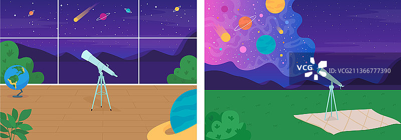 使用望远镜的太空探索扁平风素材图片素材