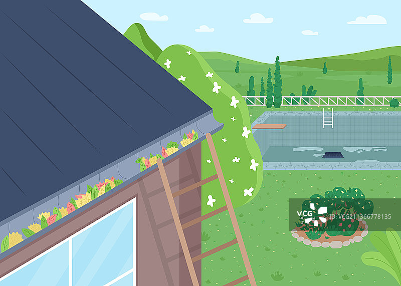 春季屋顶落叶清洁扁平色图片素材