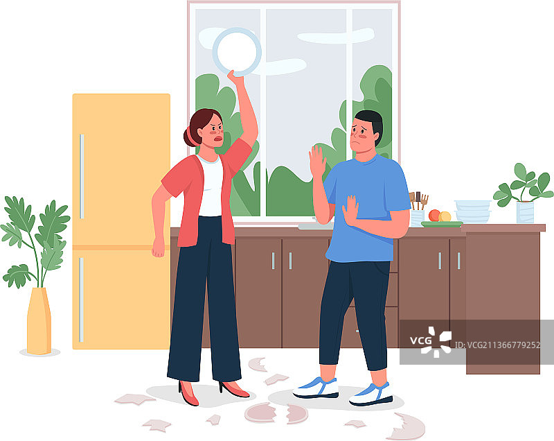 在厨房里争吵的夫妇扁平风格图片素材