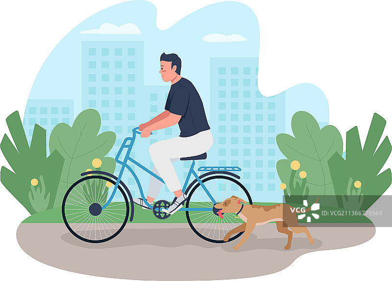 骑自行车，小狗在附近奔跑的男人 2.5D图片素材