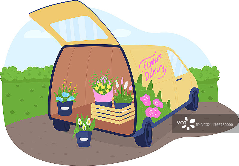 花朵配送卡车2D网页banner海报图片素材