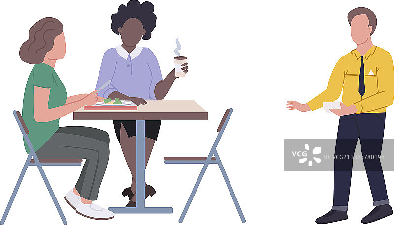 午休时间，无面部特征的扁平风员工图片素材