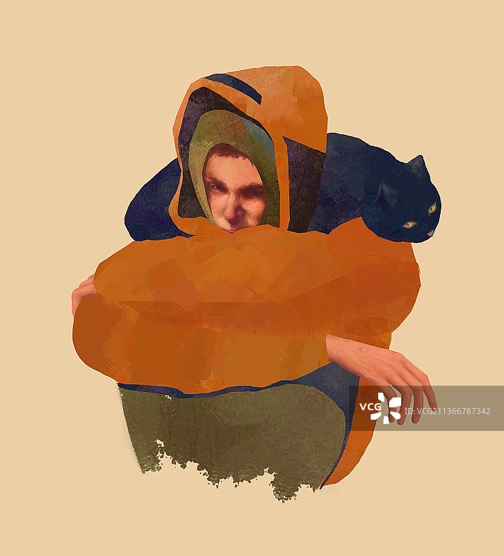 抱膝少年与猫图片素材