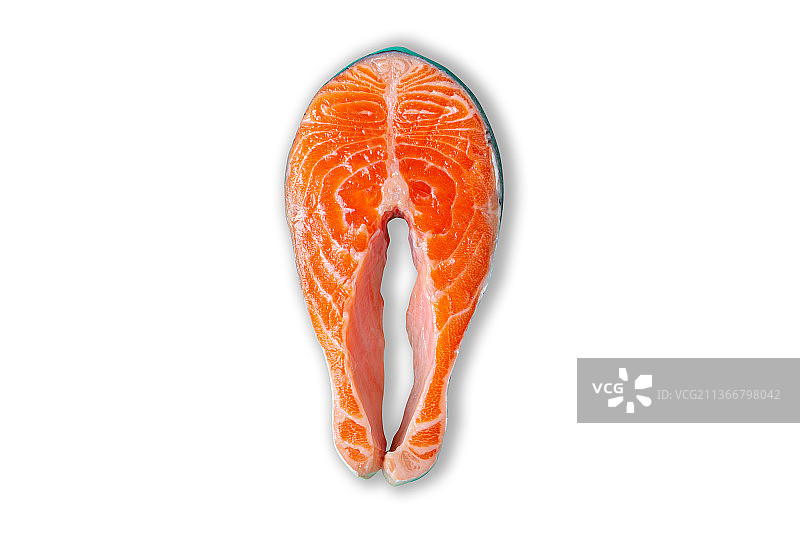 白色背景上分离的新鲜生三文鱼牛排顶部视图图片素材
