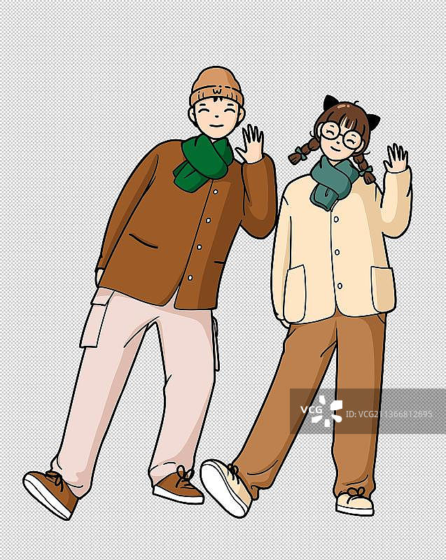 线条插画打招呼的美好小情侣图片素材