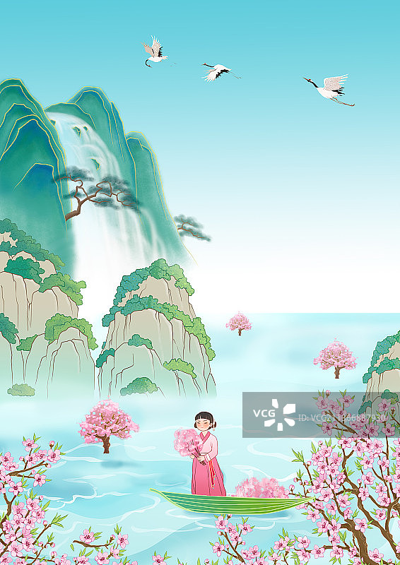 桃花源山水乘舟图图片素材