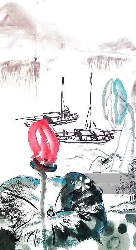 中国国风手绘水墨画荷花和小船山水画图片素材