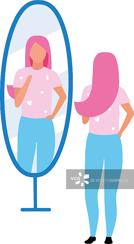 看着镜子的年轻女人（半扁平色彩）图片素材