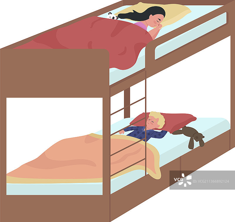 孩子们在上下铺睡觉的半扁平插画图片素材