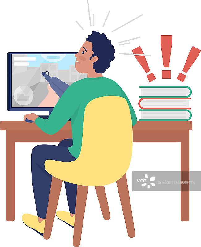在电脑前惊讶的男孩，半扁平风格图片素材