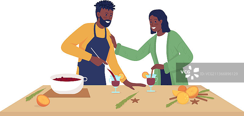 情侣制作香料葡萄酒半扁平色彩人物图片素材