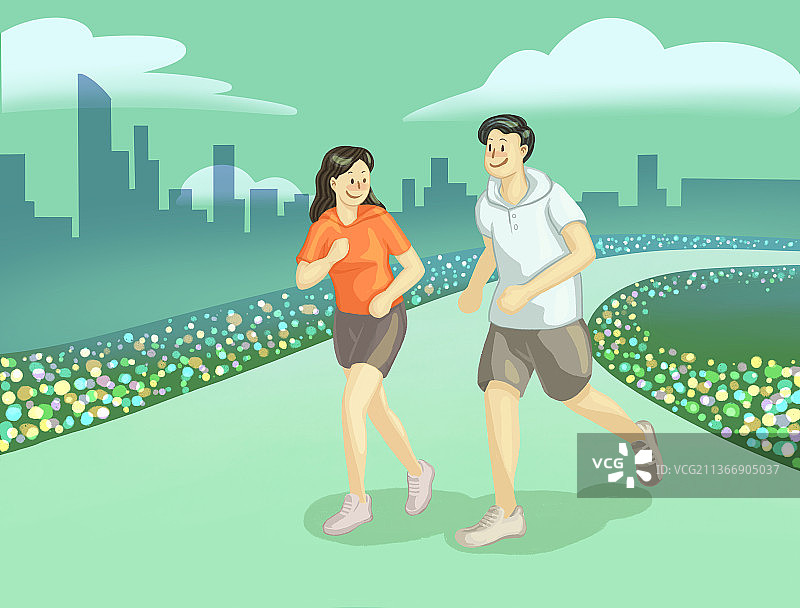 两个人在城市公园晨跑图片素材