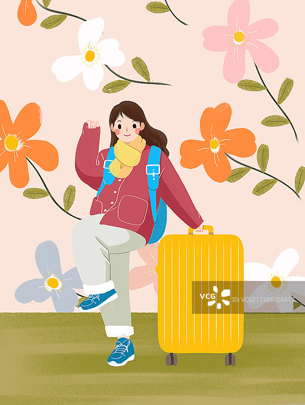 扁平小清新插画浪漫旅行的女孩图片素材
