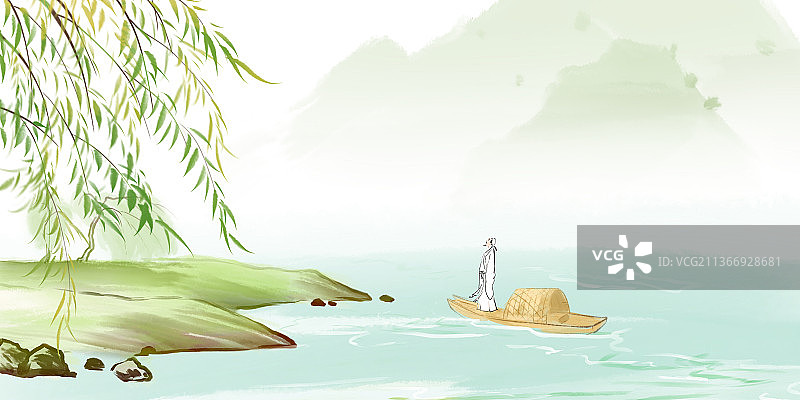 清新高雅水彩风景画春天柳树诗人图片素材