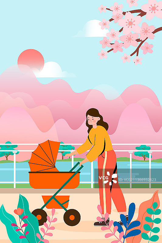 春天户外推婴儿车的妈妈矢量插画图片素材