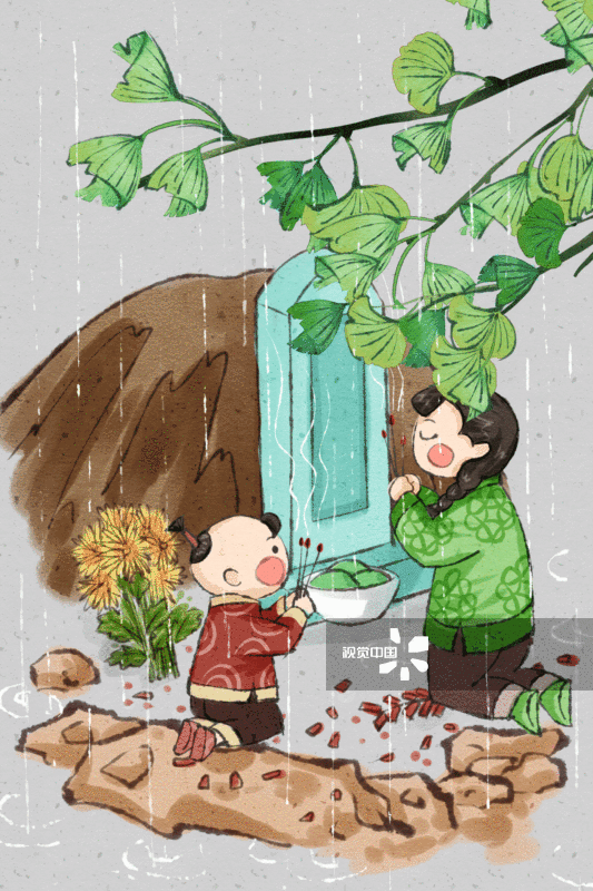 清明节姐弟祭拜祖先插画GIF动图图片素材