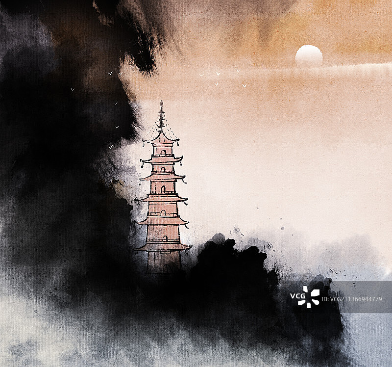 古典寺庙宝塔风景插画图片素材