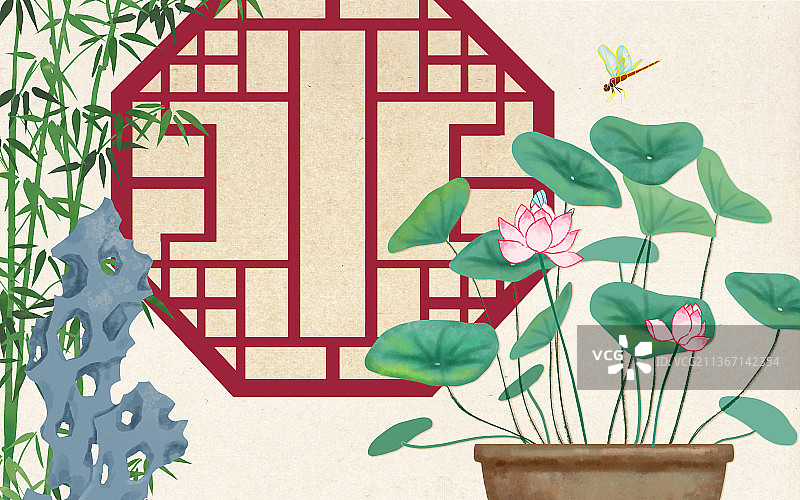中式荷花花窗石竹背景图图片素材