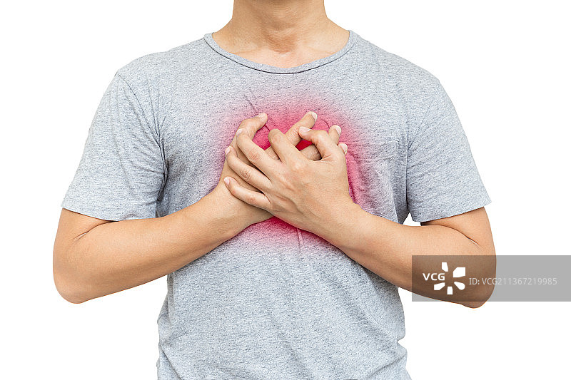 男人捂住胸口，因胸痛而难受，泰国图片素材