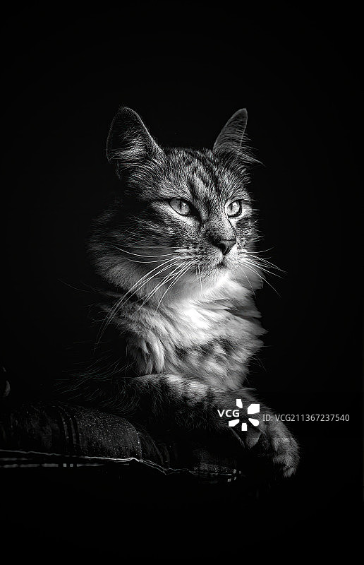 黑色背景下的猫咪坐姿特写图片素材