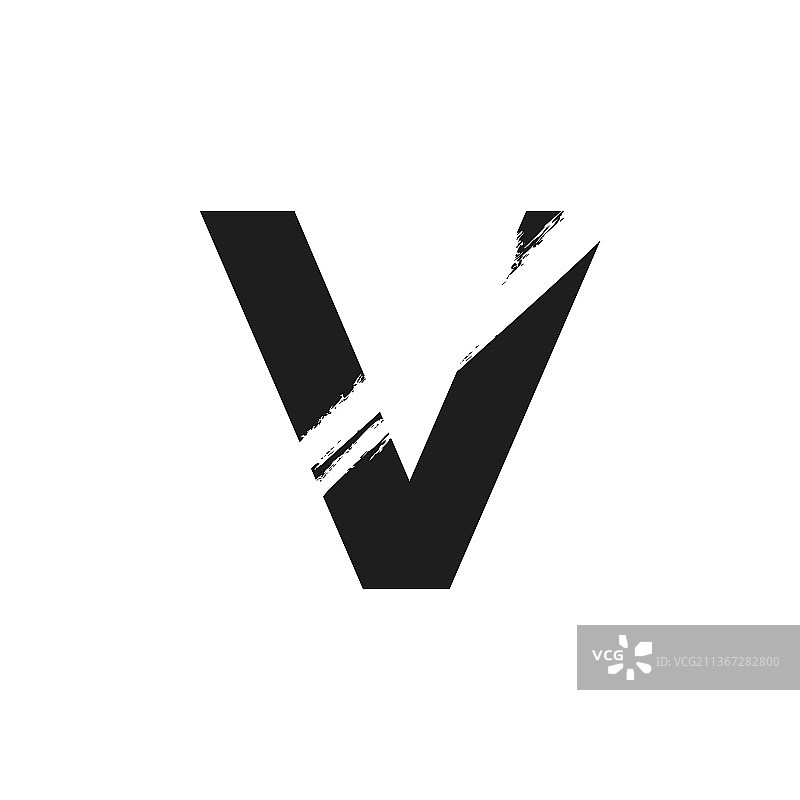 黑色背景中带有白色斜线笔刷的字母V标志图片素材