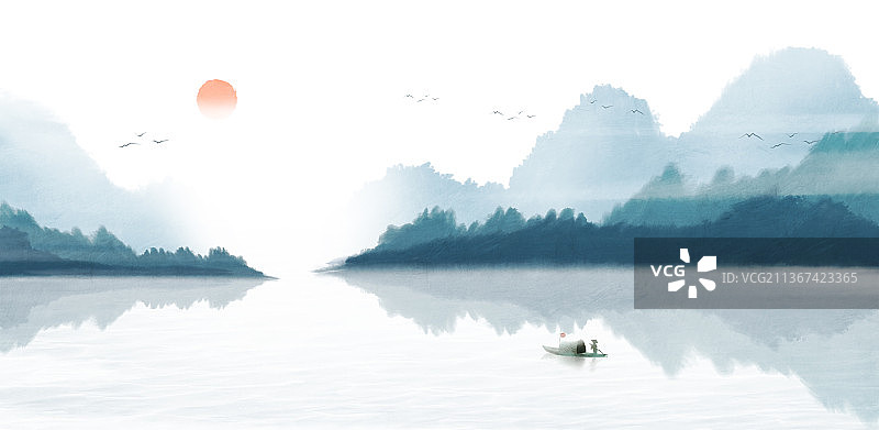 新中式风格山水风景插画图片素材