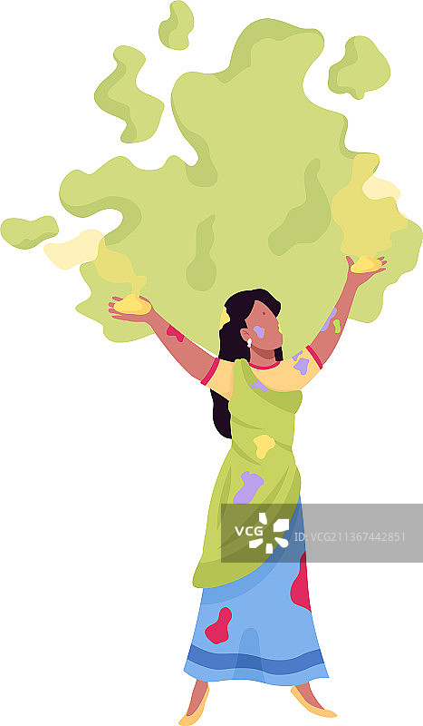 女孩扔绿色颜料的扁平风格人物图片素材