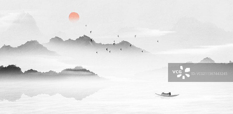 新中式风格山水风景插画图片素材