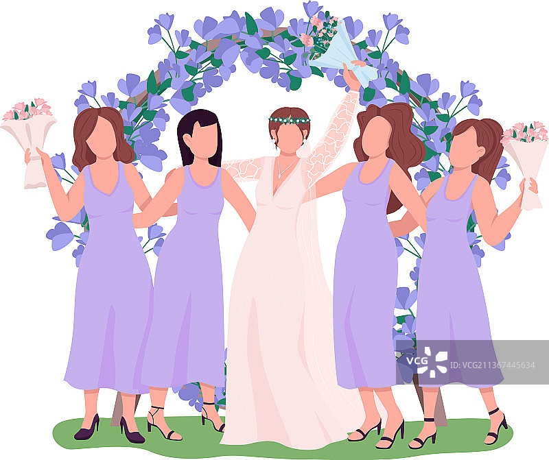 招待会上与伴娘在一起的新娘（半扁平风格）图片素材