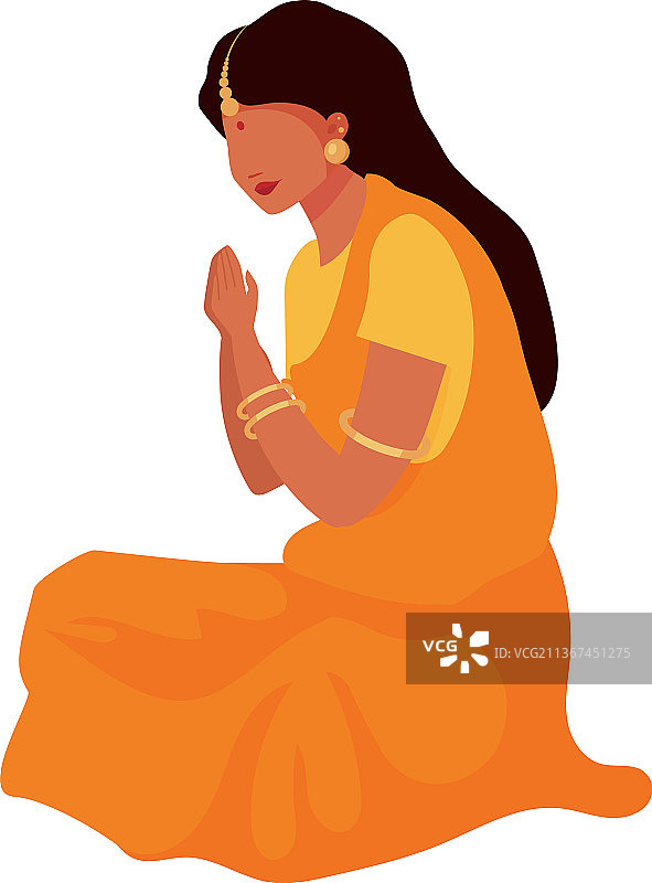 穿纱丽祈祷的半扁平风格女人图片素材