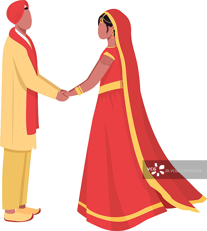 穿着传统服装的新婚夫妇（半扁平色彩）图片素材