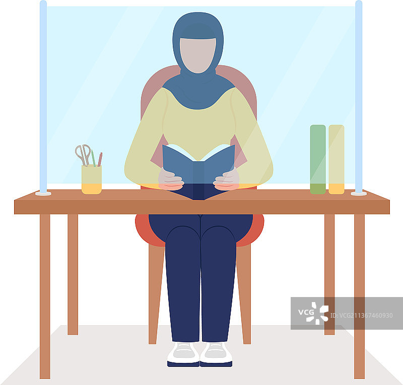 办公桌挡板后的女人（半扁平风格）图片素材