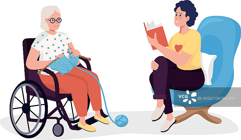 在疗养院做志愿者的半扁平人物图片素材