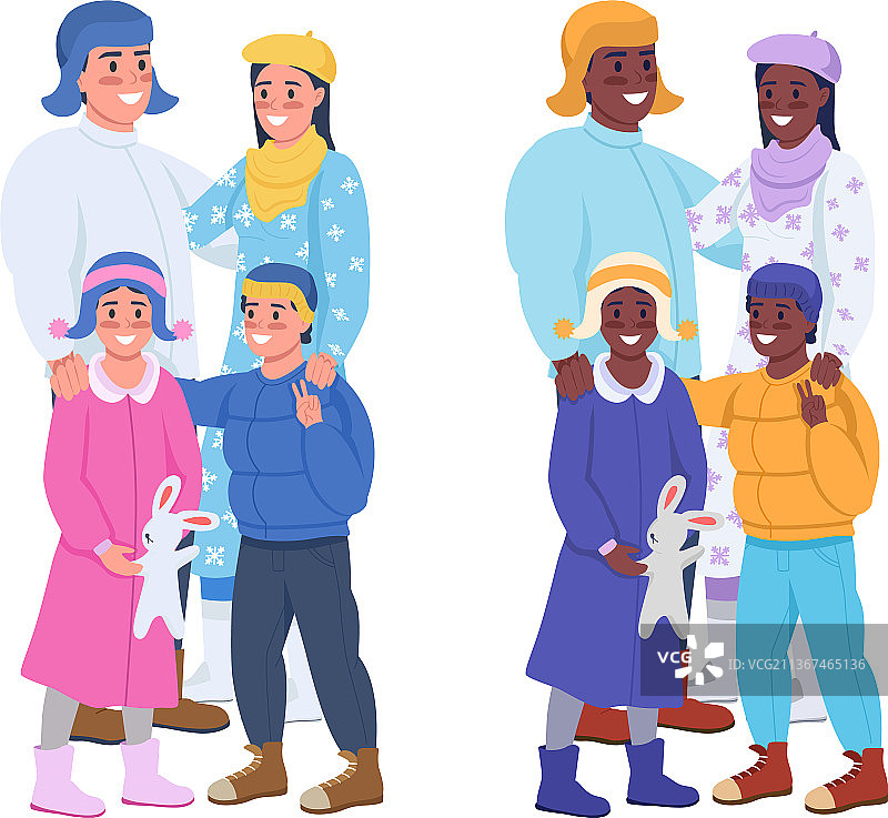 寒冷天气中的家庭半扁平人物图片素材