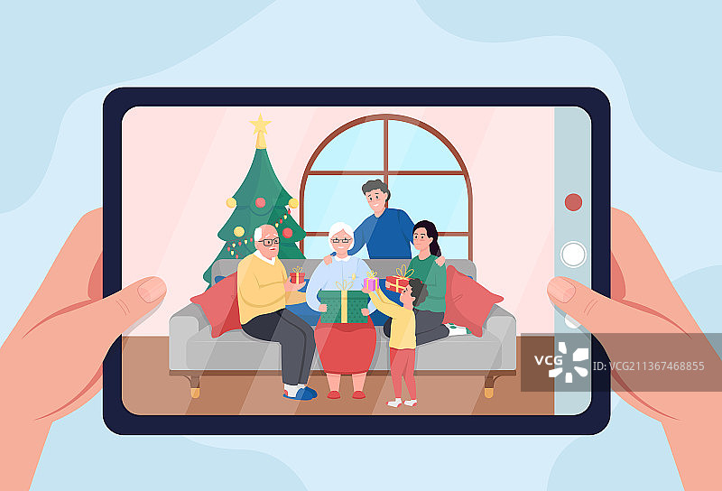 平板电脑上的家庭圣诞照片（扁平风格）图片素材
