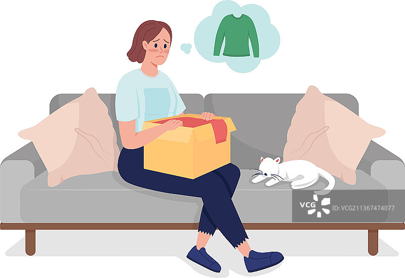 拿到错误订单的悲伤女孩半扁平色图片素材