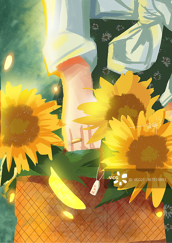 插画少女向日葵太阳温暖图片素材