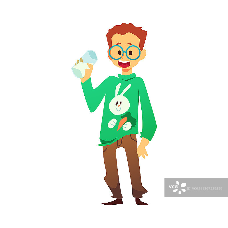 拿着一杯牛奶的男孩（扁平风格）图片素材
