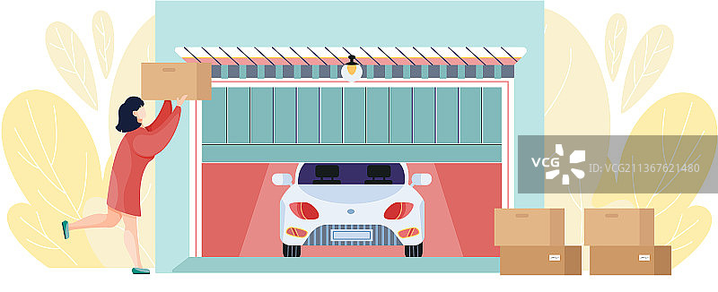 女子站在有打开门的 гараже 附近图片素材